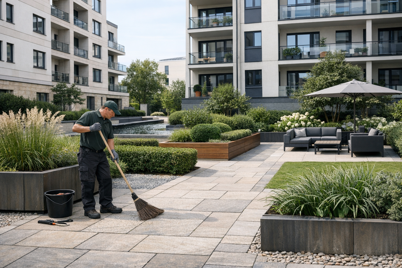 professionelle Pflege von Außenanlagen in einer hochwertigen Wohnanlage